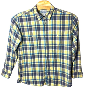 Lucky Brand Shirt Mens XL Yellow/Gray Plaid‎ Flannel Pocket Long Sleeve